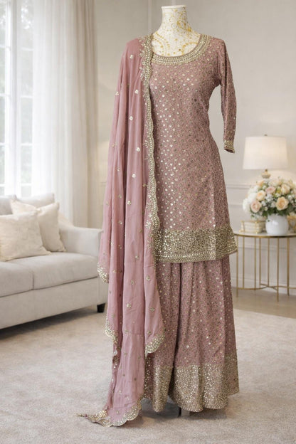 Elegant Dusty Rose Embroidered Sharara Suit