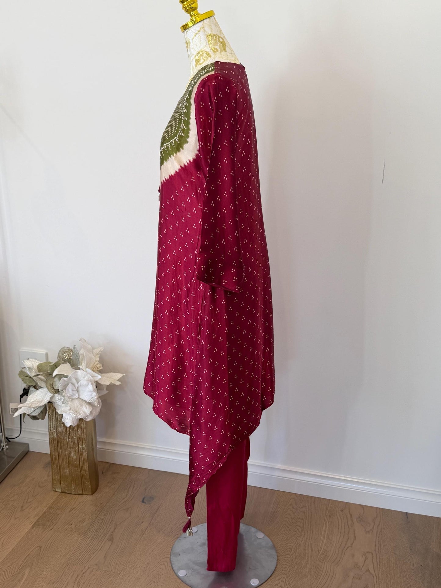 Maroon Gajji Silk Kurti Palazzo Set | Golden Polka Dot Indian Suit