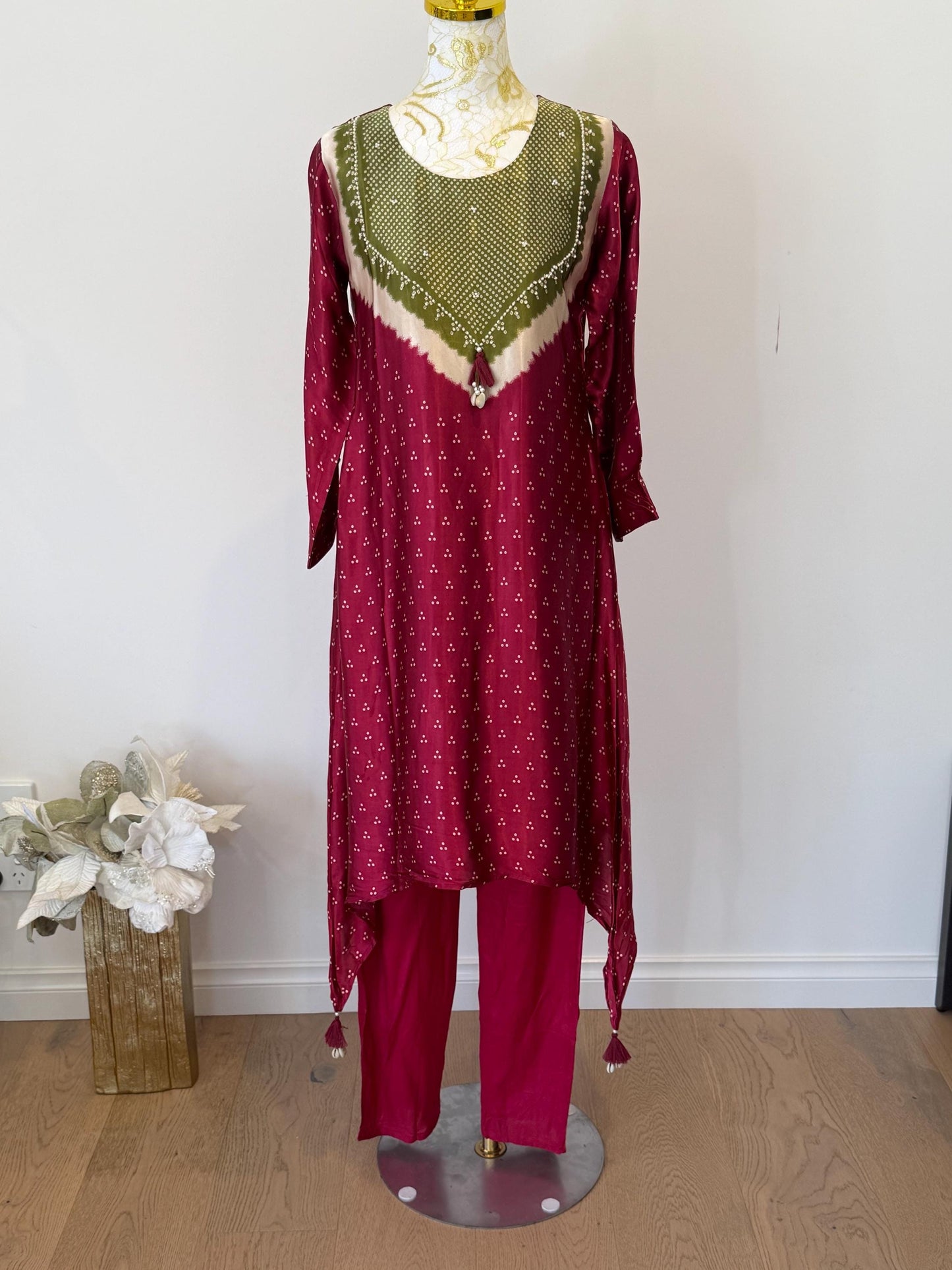 Maroon Gajji Silk Kurti Palazzo Set | Golden Polka Dot Indian Suit