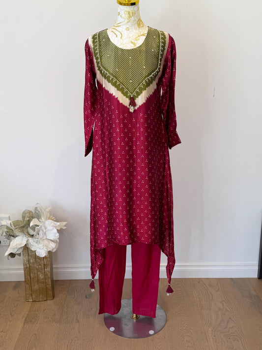 Maroon Gajji Silk Kurti Palazzo Set | Golden Polka Dot Indian Suit
