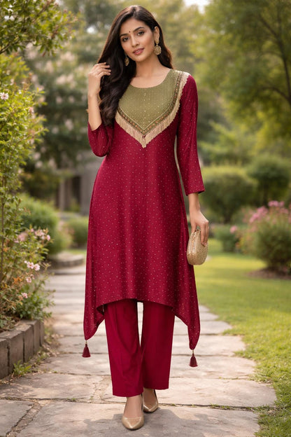 Maroon Gajji Silk Kurti Palazzo Set | Golden Polka Dot Indian Suit
