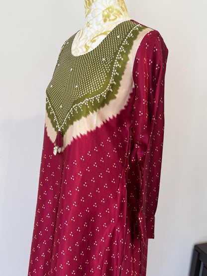 Maroon Gajji Silk Kurti Palazzo Set | Golden Polka Dot Indian Suit