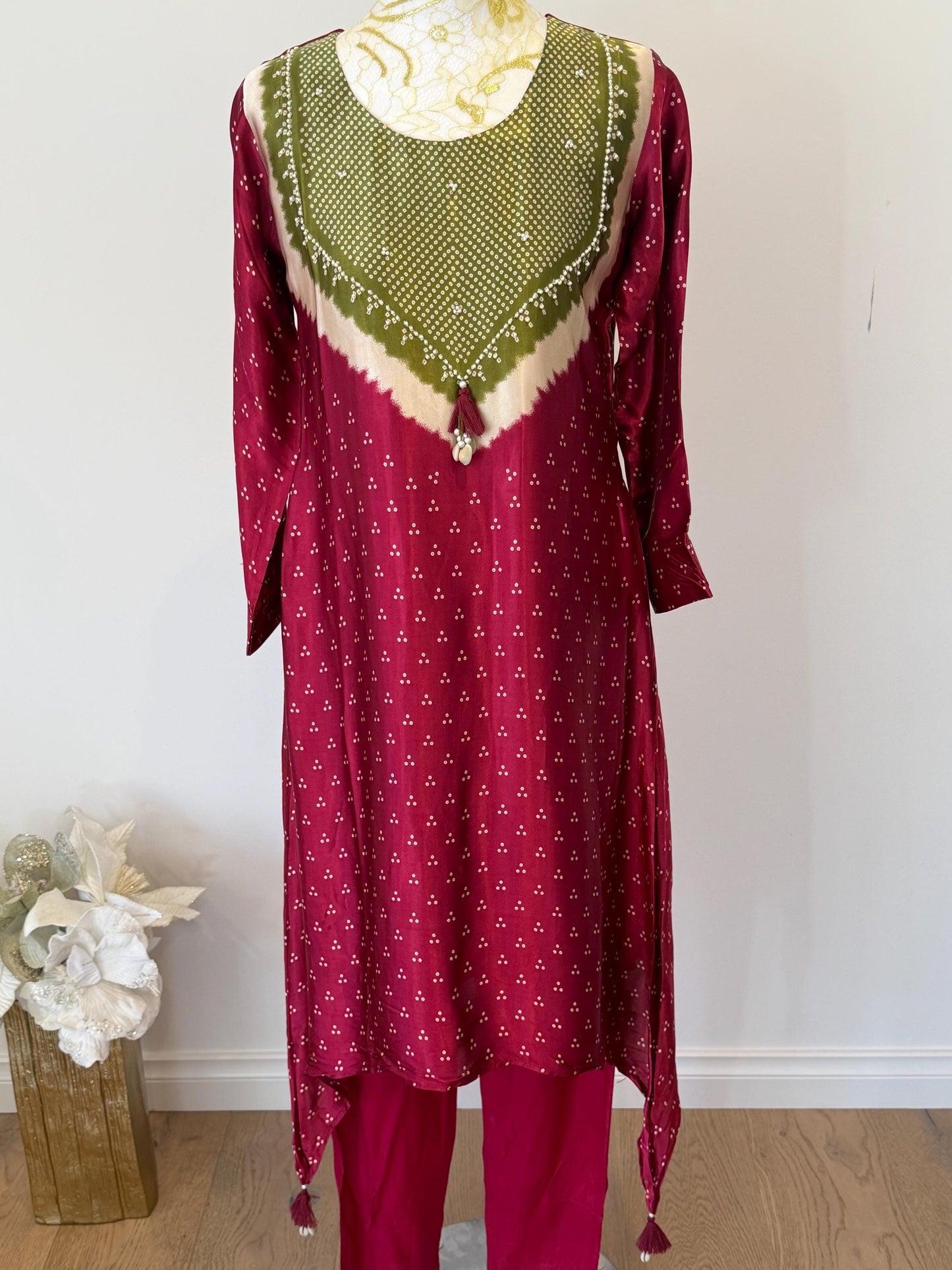 Maroon Gajji Silk Kurti Palazzo Set | Golden Polka Dot Indian Suit