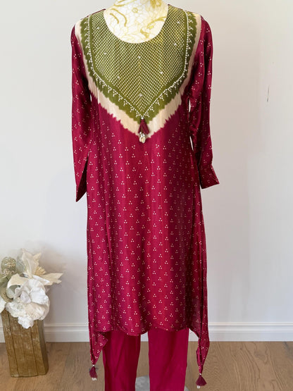 Maroon Gajji Silk Kurti Palazzo Set | Golden Polka Dot Indian Suit