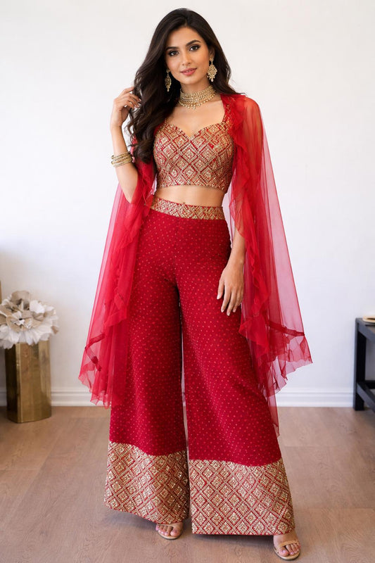 Red & Gold Embroidered pants Set