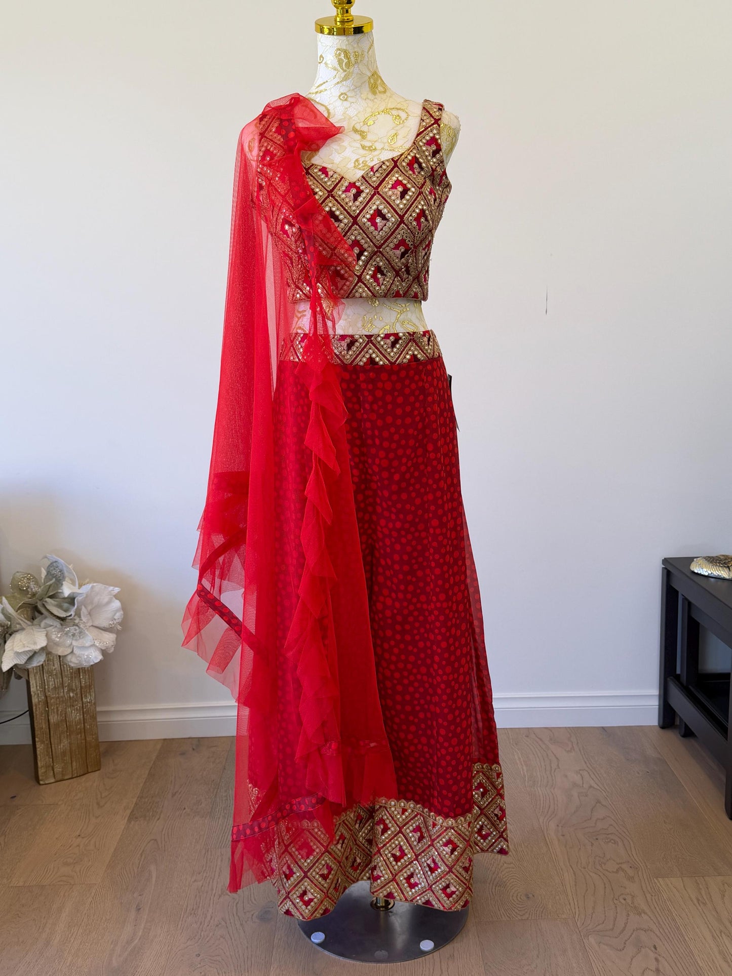 Red & Gold Embroidered pants Set