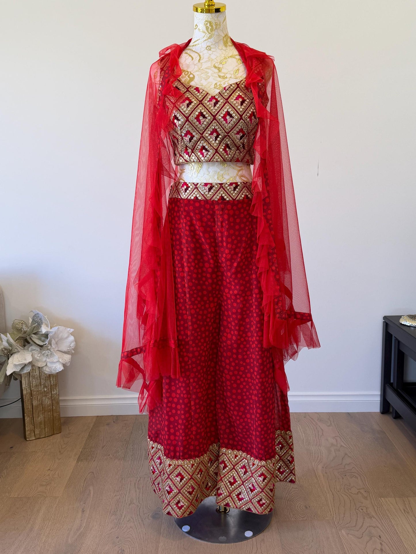 Red & Gold Embroidered pants Set