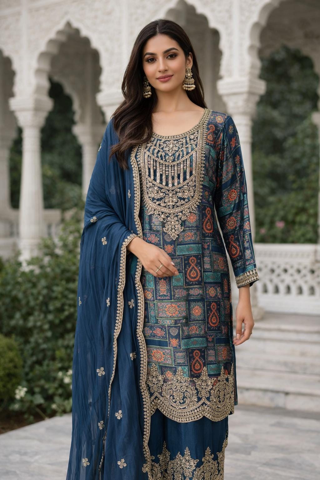 Royal Blue Brocade Kurta Set | Gold Embroidered Dupatta, Indian Wedding Outfit