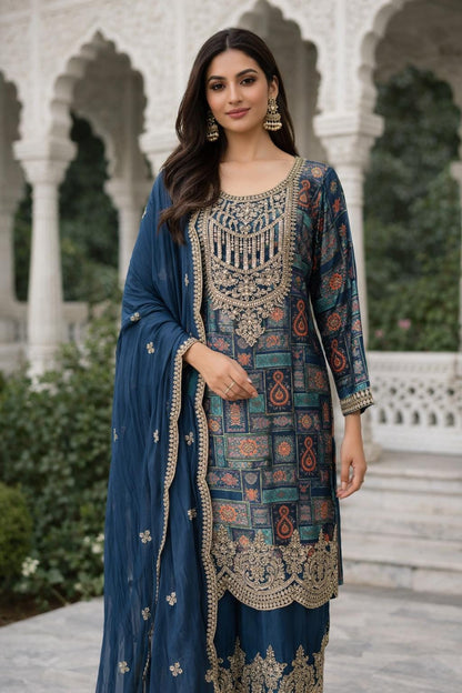 Royal Blue Brocade Kurta Set | Gold Embroidered Dupatta, Indian Wedding Outfit