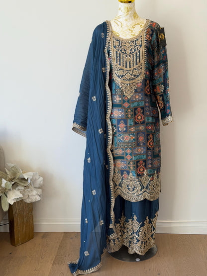 Royal Blue Brocade Kurta Set | Gold Embroidered Dupatta, Indian Wedding Outfit