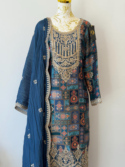 Royal Blue Brocade Kurta Set | Gold Embroidered Dupatta, Indian Wedding Outfit
