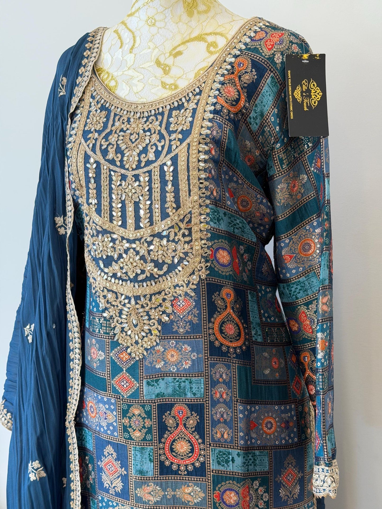Royal Blue Brocade Kurta Set | Gold Embroidered Dupatta, Indian Wedding Outfit