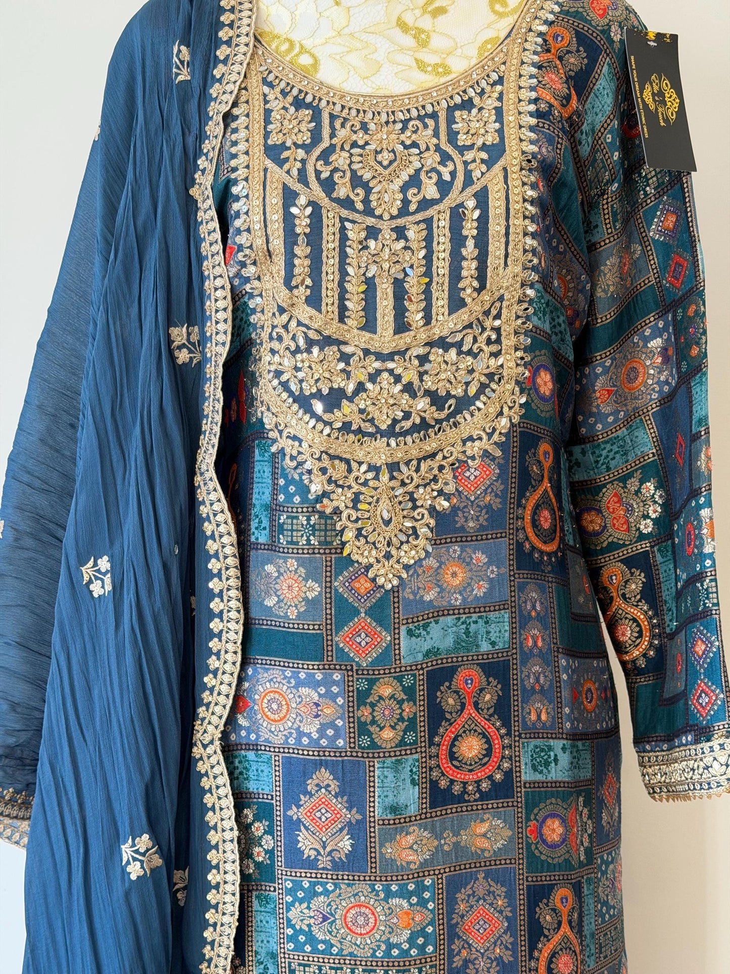 Royal Blue Brocade Kurta Set | Gold Embroidered Dupatta, Indian Wedding Outfit