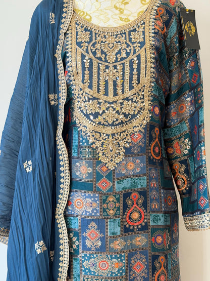 Royal Blue Brocade Kurta Set | Gold Embroidered Dupatta, Indian Wedding Outfit