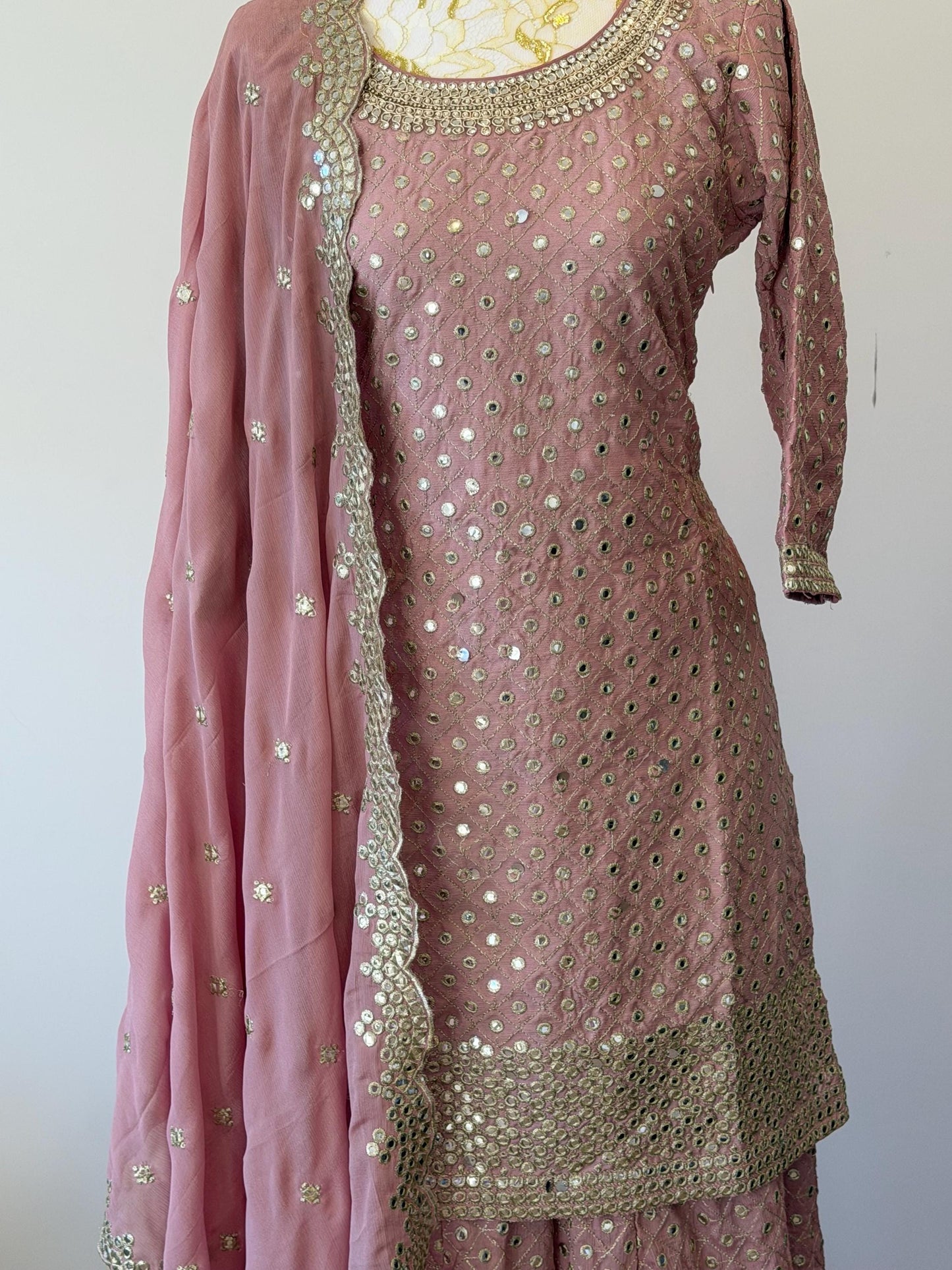 Elegant Dusty Rose Embroidered Sharara Suit