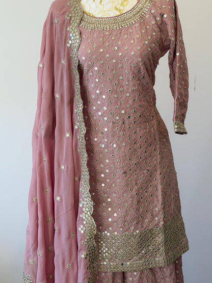 Elegant Dusty Rose Embroidered Sharara Suit
