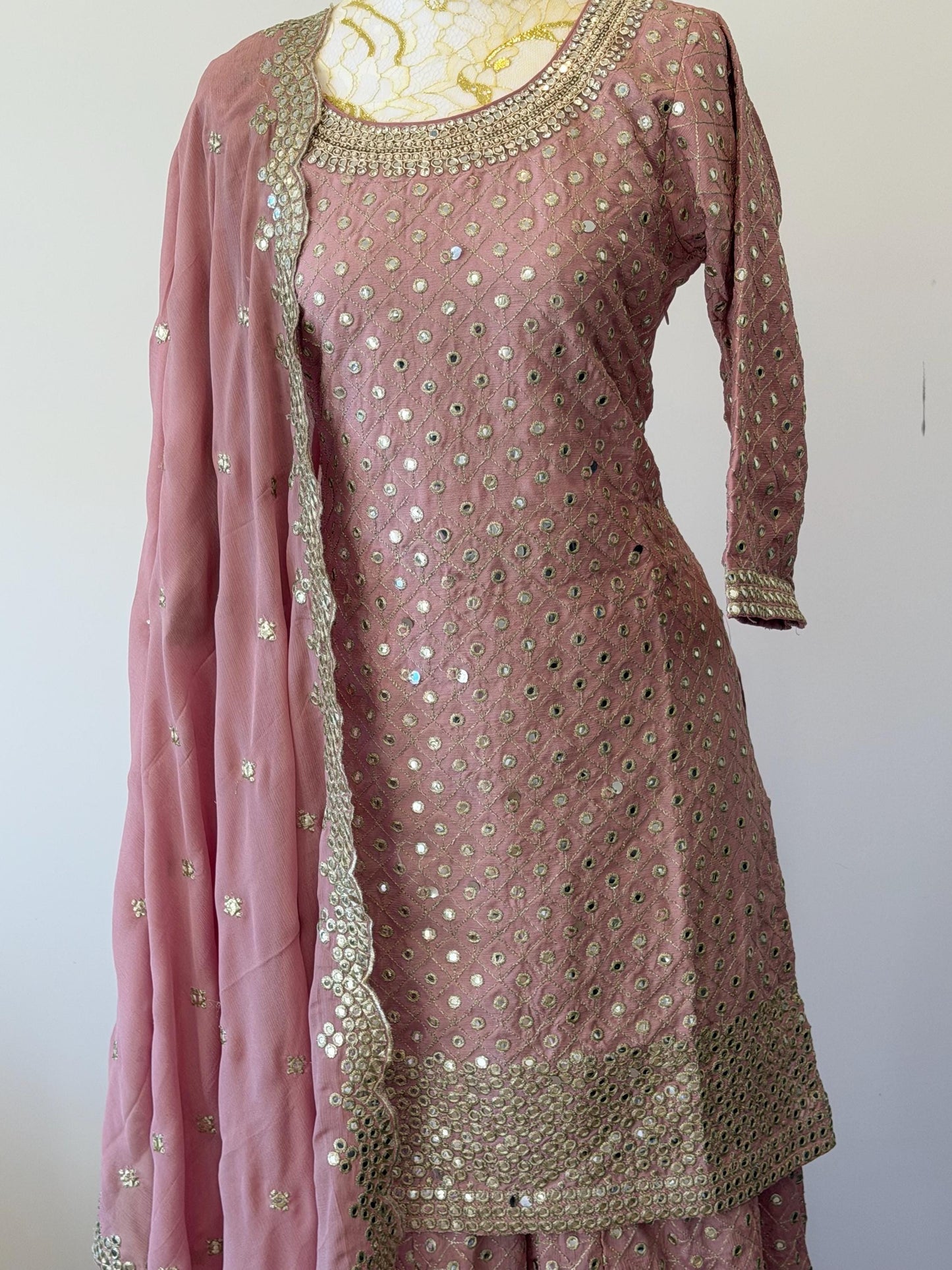 Elegant Dusty Rose Embroidered Sharara Suit