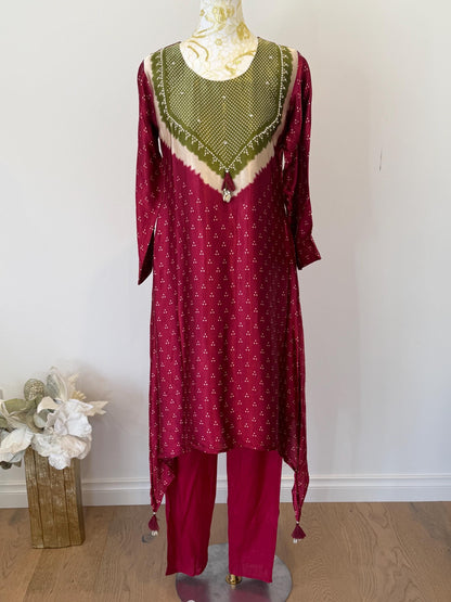 Maroon Gajji Silk Kurti Palazzo Set | Golden Polka Dot Indian Suit