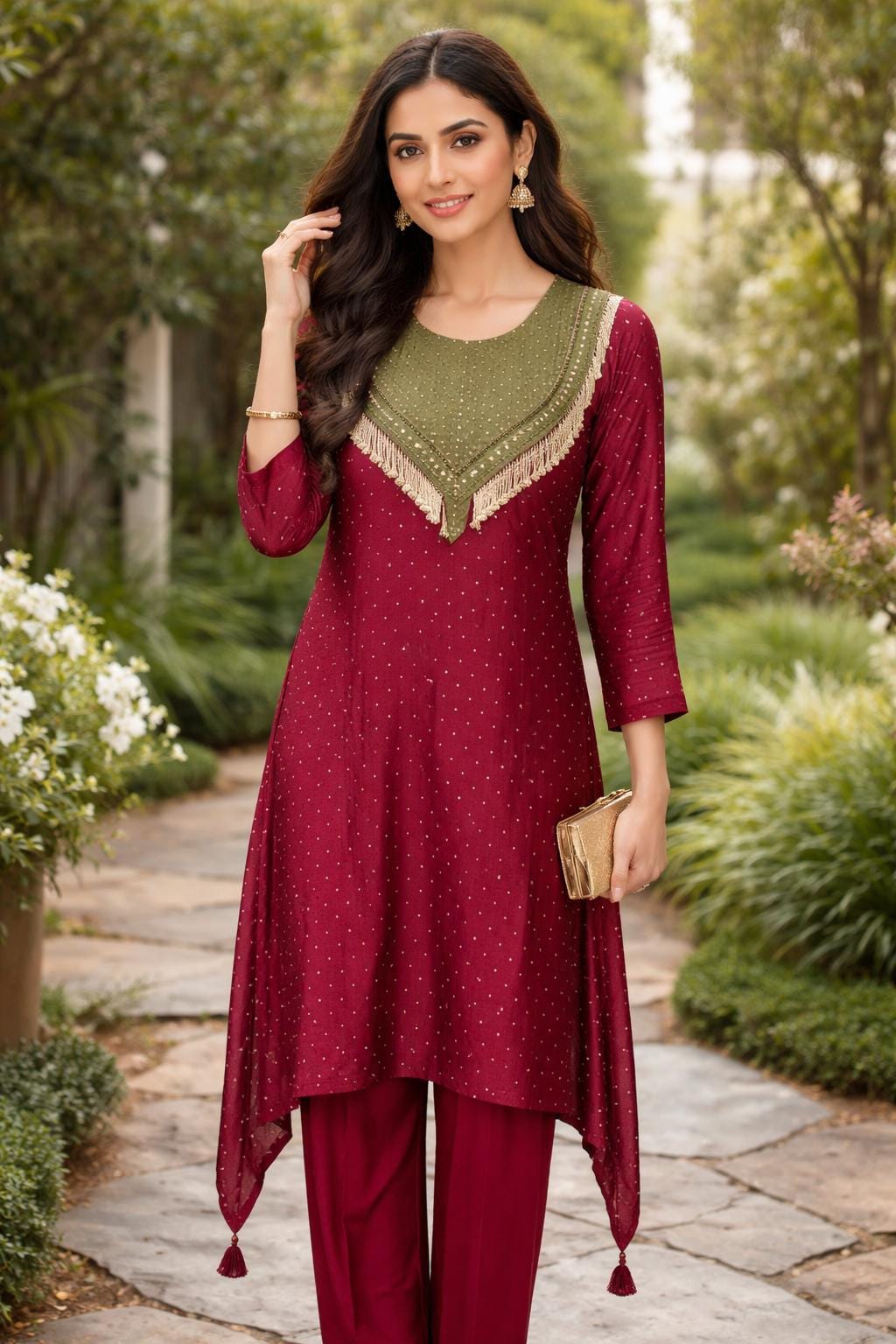 Maroon Gajji Silk Kurti Palazzo Set | Golden Polka Dot Indian Suit