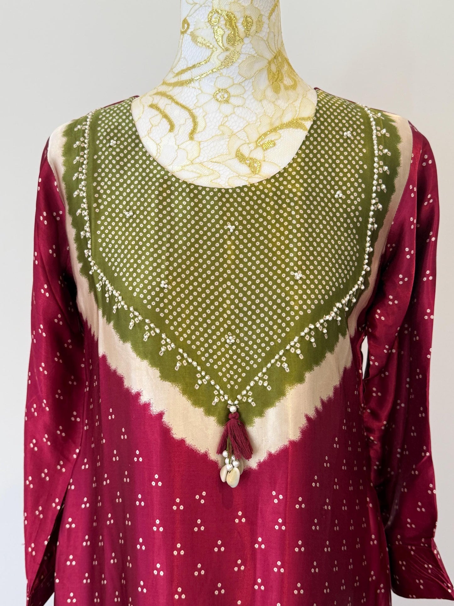 Maroon Gajji Silk Kurti Palazzo Set | Golden Polka Dot Indian Suit