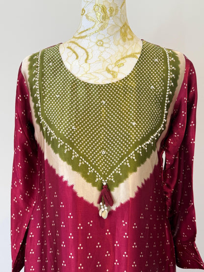 Maroon Gajji Silk Kurti Palazzo Set | Golden Polka Dot Indian Suit