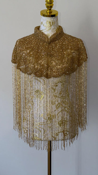 Gold Beaded Fringe Cape Jacket
