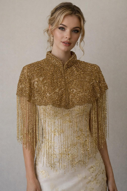 Gold Beaded Fringe Cape Jacket