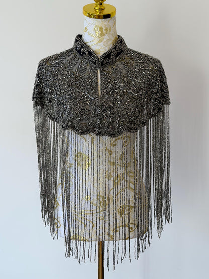 Black Grey Embroidered Fringe Cape