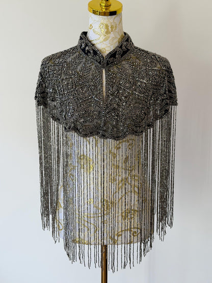 Black Grey Embroidered Fringe Cape