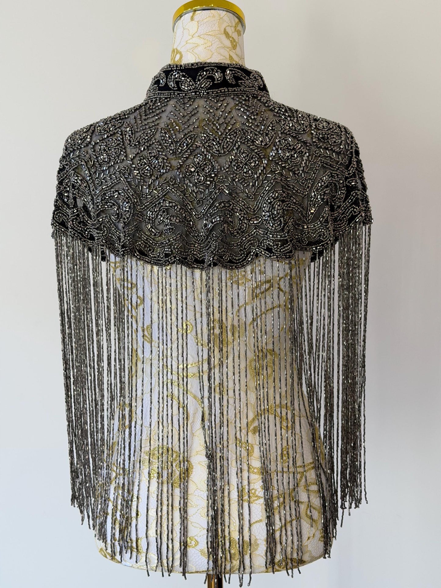 Black Grey Embroidered Fringe Cape