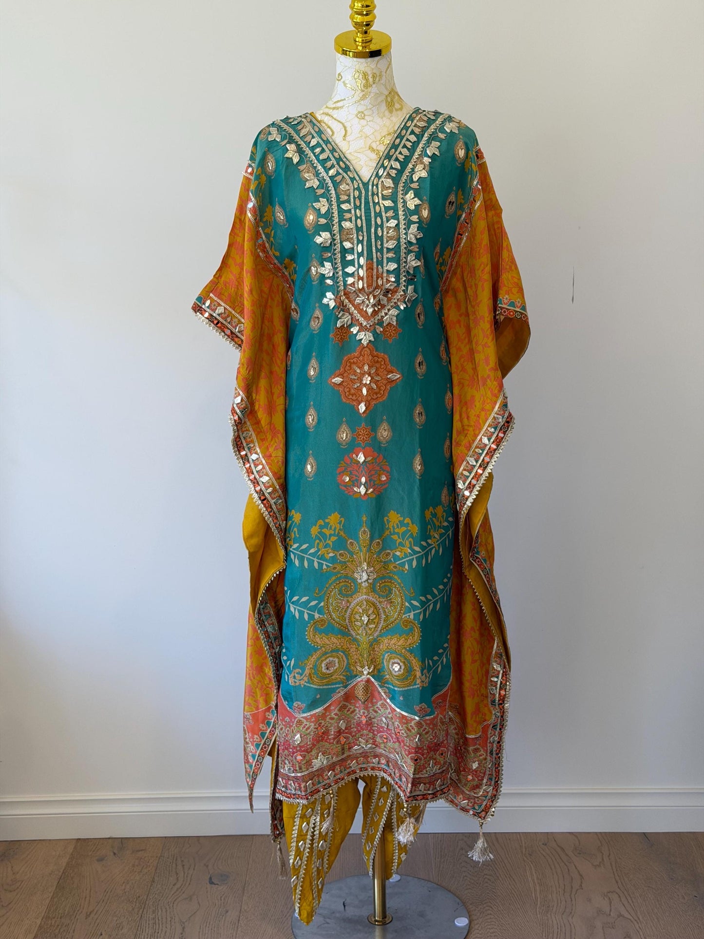 Shimmer Georgette Kaftan Kurti Set with Tulip Pants, Gotta Patti Print
