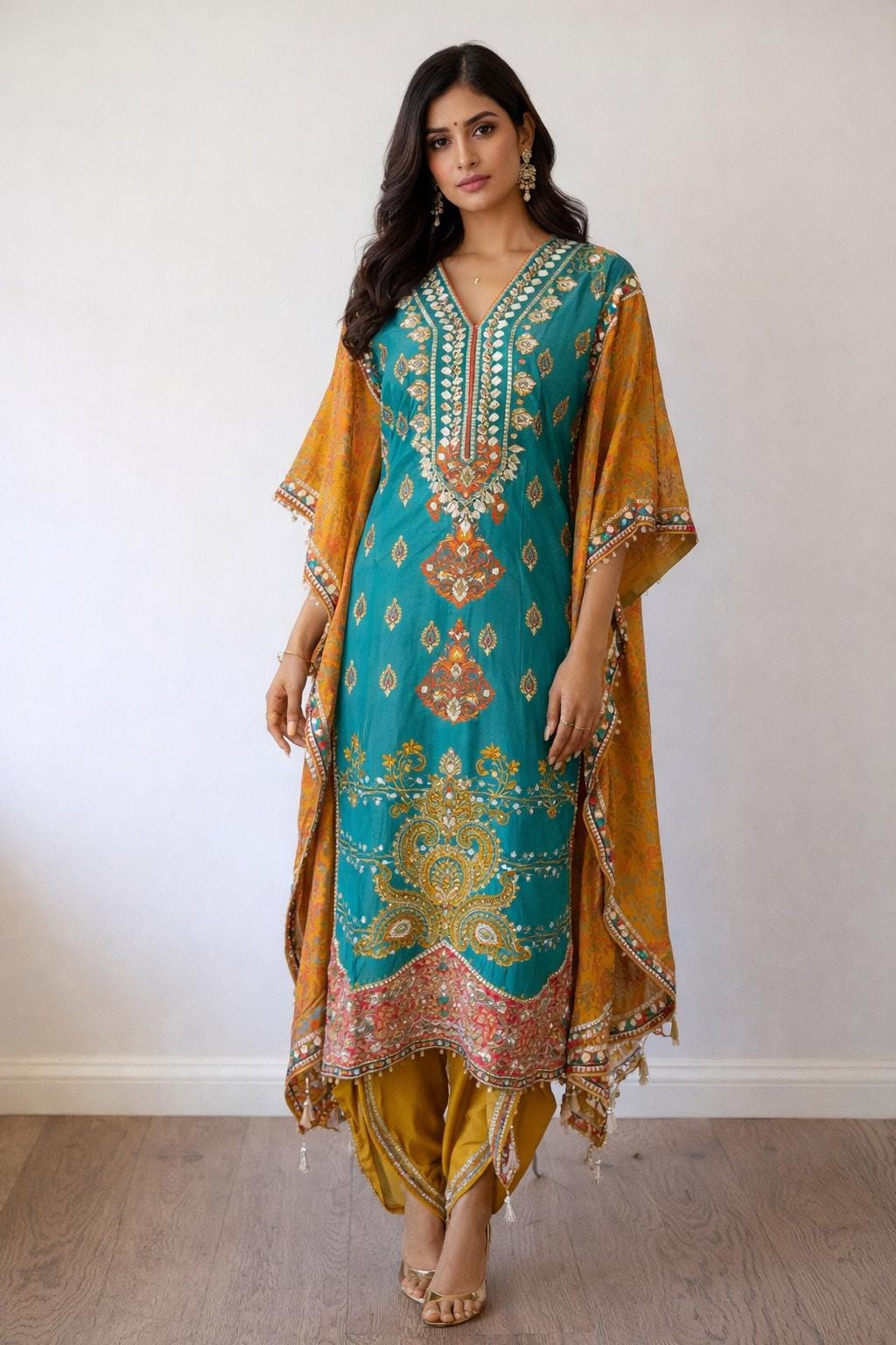 Shimmer Georgette Kaftan Kurti Set with Tulip Pants, Gotta Patti Print
