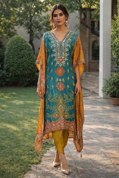 Shimmer Georgette Kaftan Kurti Set with Tulip Pants, Gotta Patti Print
