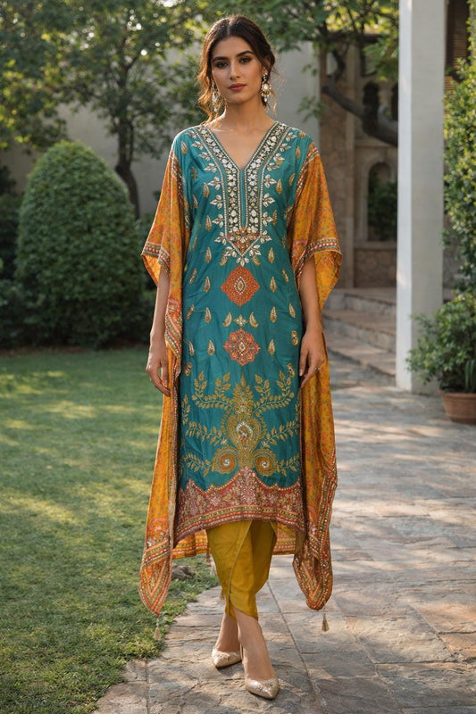 Shimmer Georgette Kaftan Kurti Set with Tulip Pants, Gotta Patti Print