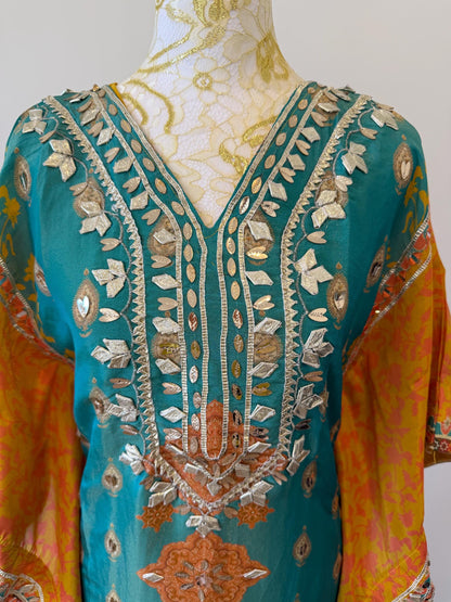 Shimmer Georgette Kaftan Kurti Set with Tulip Pants, Gotta Patti Print