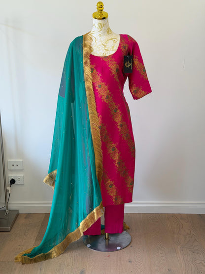 Pink Brocade Silk Suit Set Teal Dupatta, Size 44