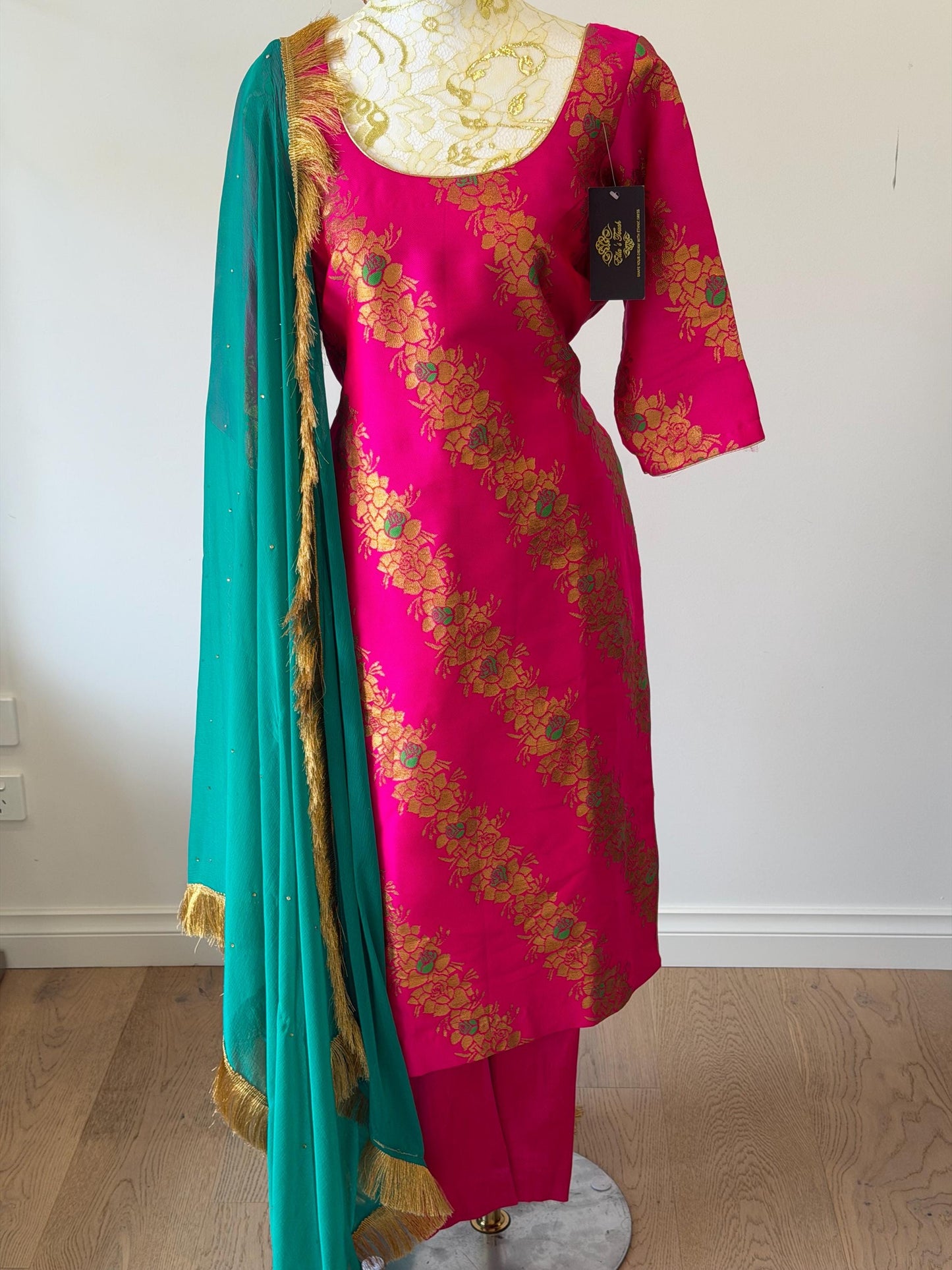 Pink Brocade Silk Suit Set Teal Dupatta, Size 44