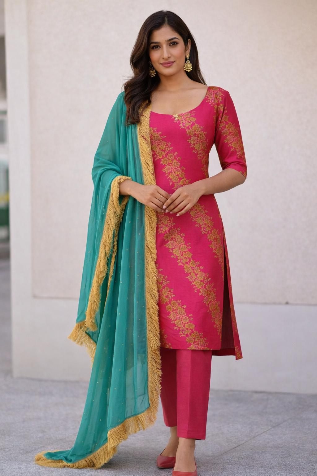 Pink Brocade Silk Suit Set Teal Dupatta, Size 44