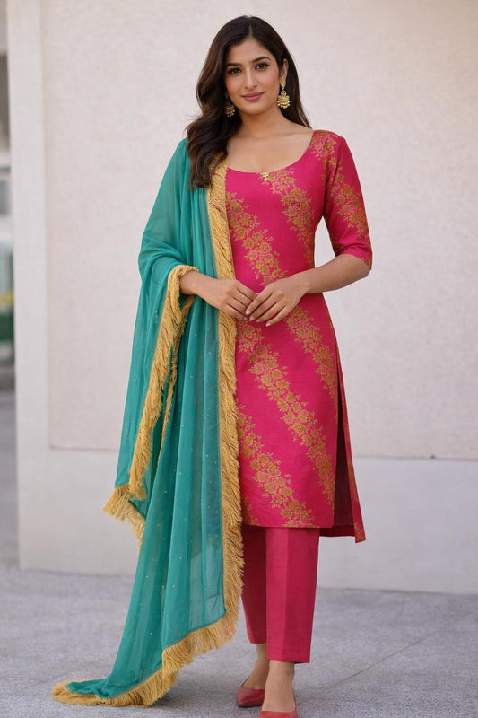 Pink Brocade Silk Suit Set Teal Dupatta, Size 44