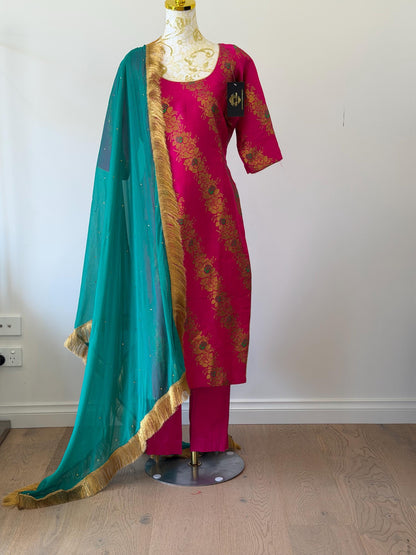 Pink Brocade Silk Suit Set Teal Dupatta, Size 44