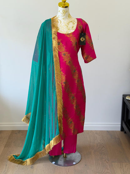 Pink Brocade Silk Suit Set Teal Dupatta, Size 44