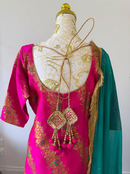 Pink Brocade Silk Suit Set Teal Dupatta, Size 44