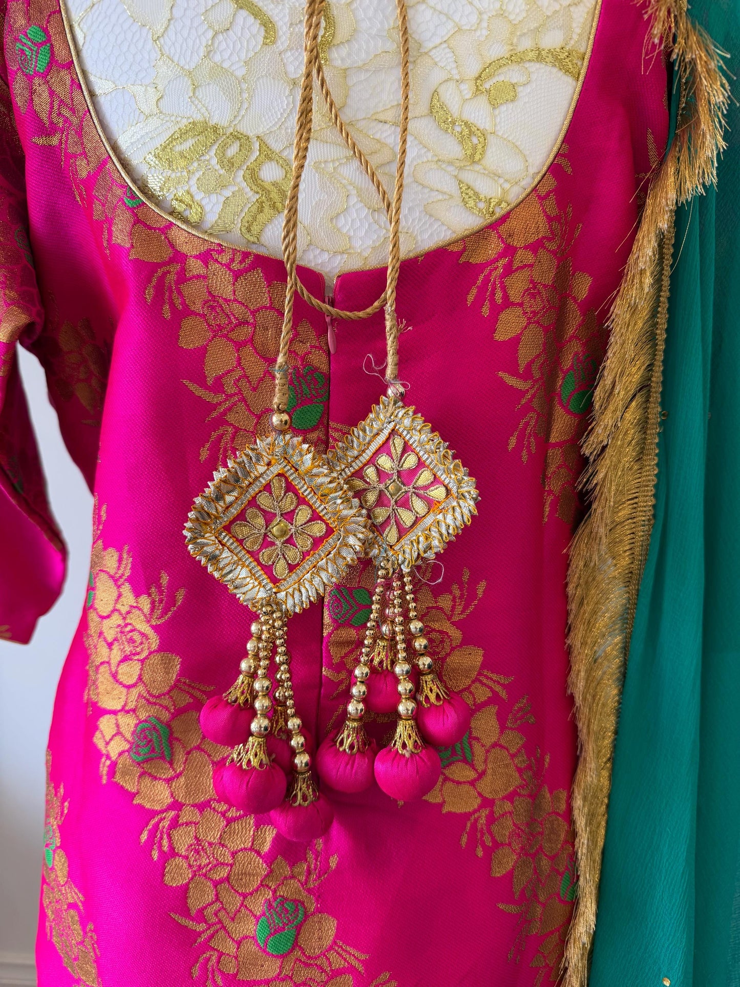 Pink Brocade Silk Suit Set Teal Dupatta, Size 44
