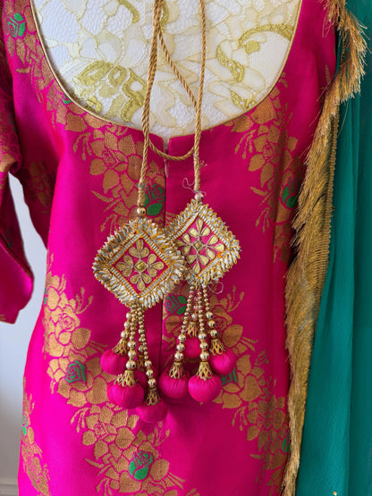 Pink Brocade Silk Suit Set Teal Dupatta, Size 44