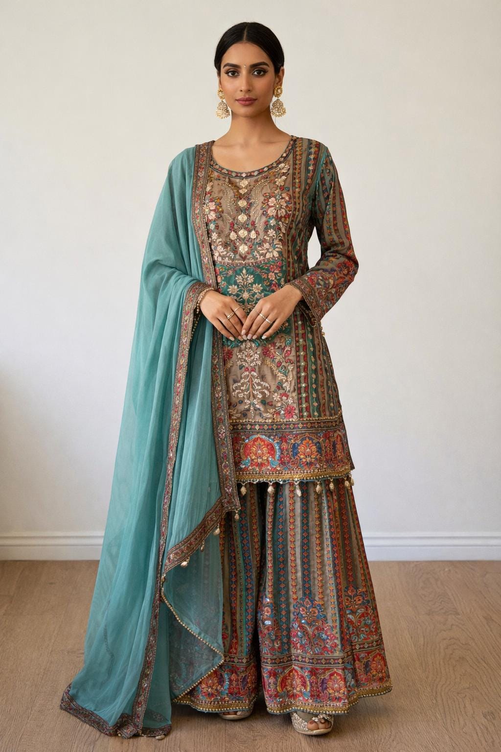 Vintage Inspired Printed Kurta Sharara Set with Dupatta | Ethnic Indian Wedding Outfit