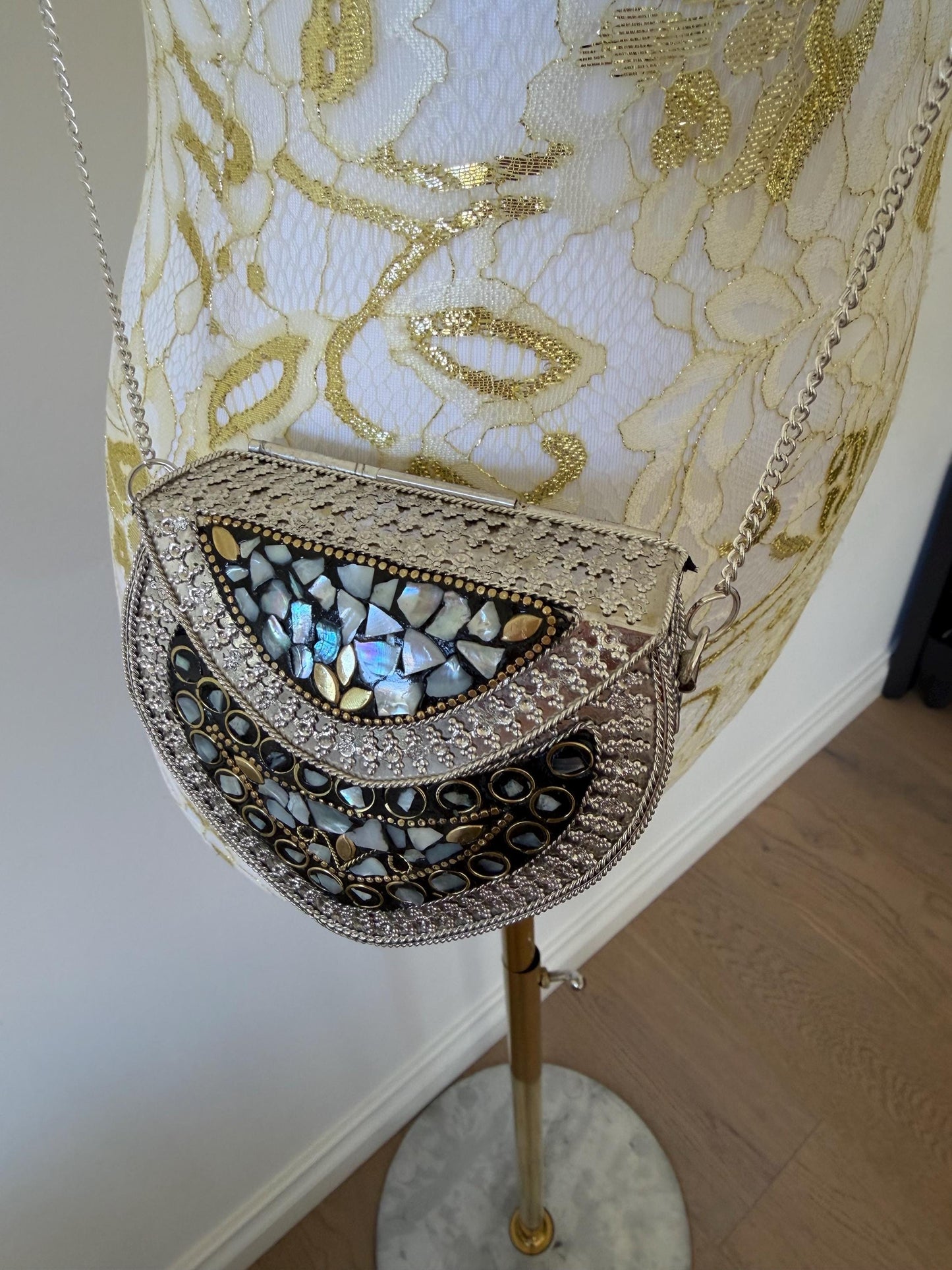 Vintage Mosaic Metal Sling Bag | Boho Mirror Clutch Purse, Evening Bag