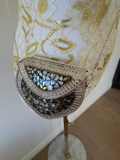 Vintage Mosaic Metal Sling Bag | Boho Mirror Clutch Purse, Evening Bag