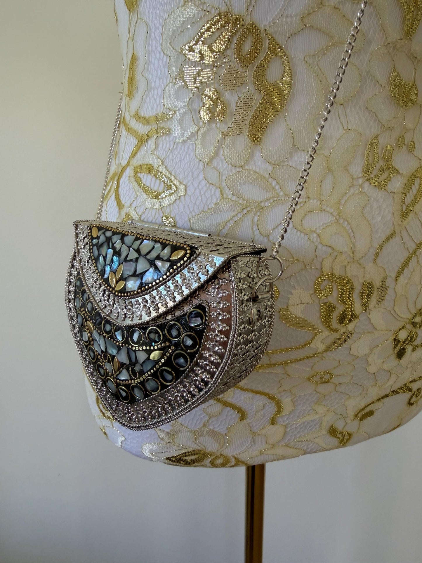 Vintage Mosaic Metal Sling Bag | Boho Mirror Clutch Purse, Evening Bag