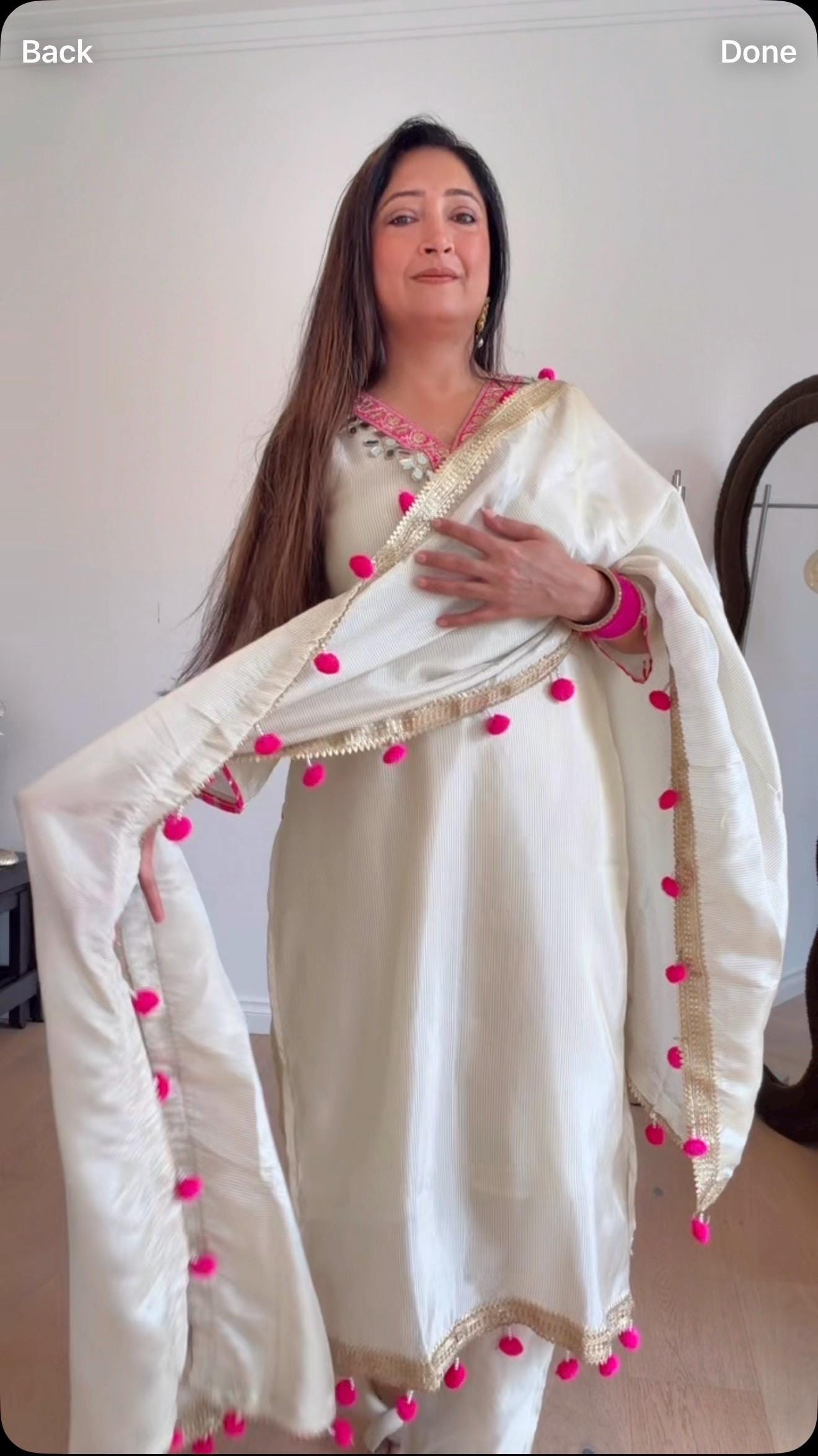 Ivory Silk Kurta Set with Pink Pom Pom Dupatta