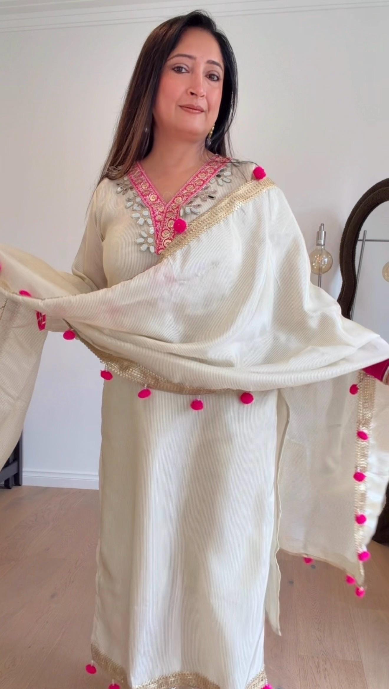 Ivory Silk Kurta Set with Pink Pom Pom Dupatta